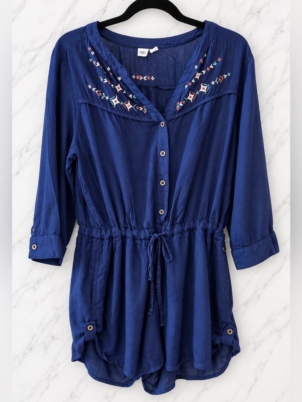 Roxy Navy Blue Embroidered Boho Romper Women’s Medium